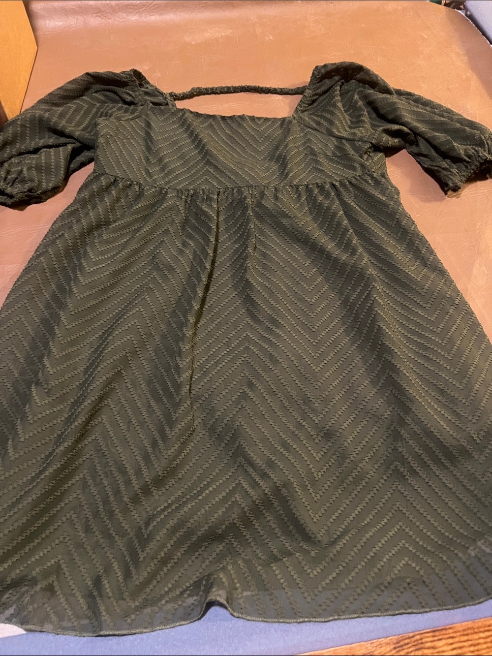 Olive Green Textured Puff Sleeve Mini Dress